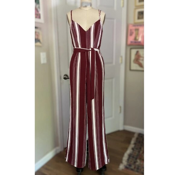 LOVERS + FRIENDS "Charisma" Red Striped Belted wide leg JUMPSUIT Romper *SMALL* - Picture 2 of 9
